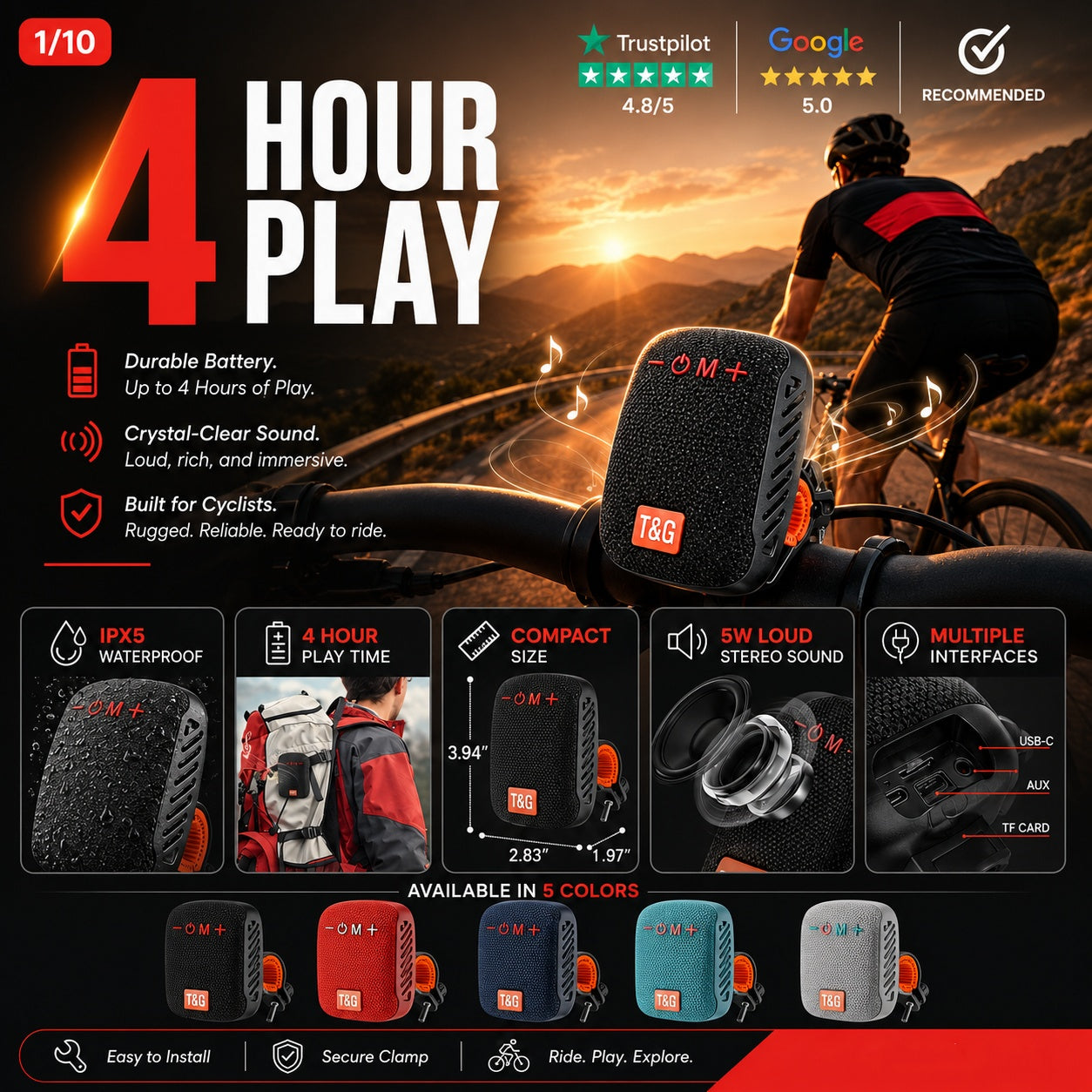 Waterproof Bicycle Bluetooth Speaker with Mounting Bracket