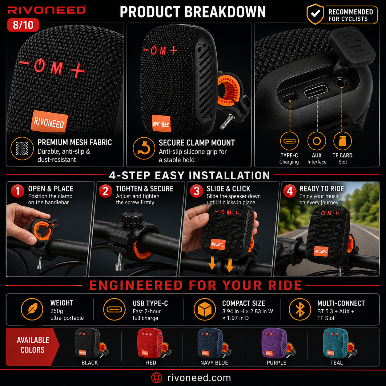 Waterproof Bicycle Bluetooth Speaker with Mounting Bracket